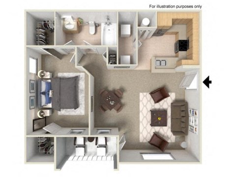 Floor plan for 1 bed, 1 bath, 869 sqft